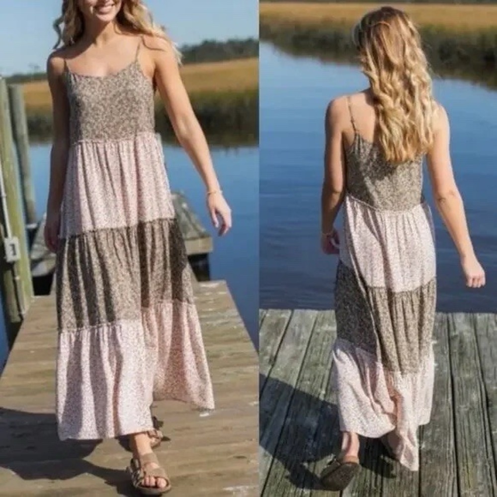 Natural Life Kaia Tiered Patchwork Maxi Dress Womens XS/S Prairie Cottage Boho